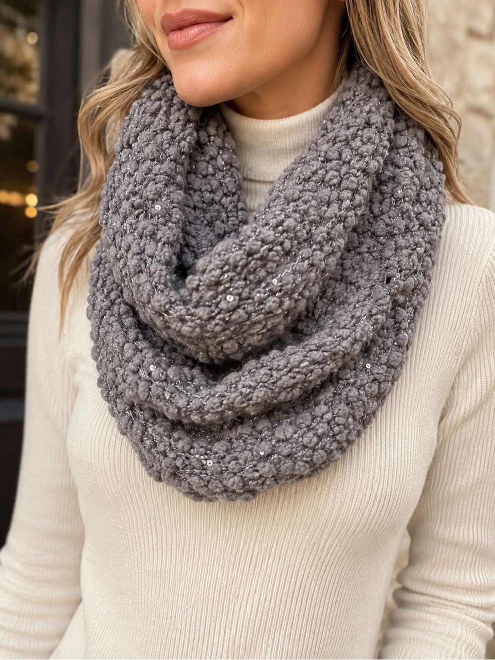 Chunky Knit Infinity Scarf Gray Boucle Metallic Sequin Cozy Knit Winter Loo